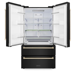 ZLINE Autograph Edition 36 in. 22.5 cu. ft Freestanding French Door Refrigerator with Ice Maker in Fingerprint Resistant Black Stainless Steel with Polished Gold Accents (RFMZ-36-BS-G) front, doors open.