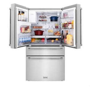 ZLINE Kitchen Package with Water and Ice Dispenser Refrigerator, 30 in. Gas Range, 30 in. Range Hood, Microwave Drawer, and 24 in. Tall Tub Dishwasher (5KPRW-SGRRH30-MWDWV) front, open.