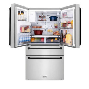 ZLINE Autograph Edition 30 in. Kitchen Package with Stainless Steel Dual Fuel Range, Range Hood, Dishwasher, and Refrigerator with External Water Dispenser with Matte Black Accents (4AKPR-RARHDWM30-MB) front, open.