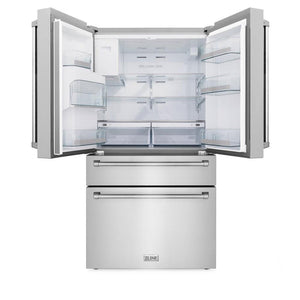 ZLINE Kitchen Package with Water and Ice Dispenser Refrigerator, 30 in. Gas Range, 30 in. Range Hood, Microwave Drawer, and 24 in. Tall Tub Dishwasher (5KPRW-SGRRH30-MWDWV) front, open.