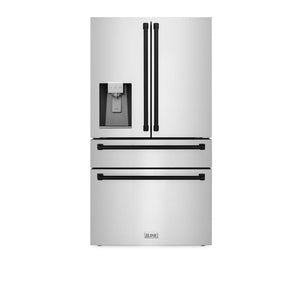 ZLINE Autograph Edition 36 in. 21.6 cu. ft. Counter-Depth French Door Refrigerator with Water and Ice Dispenser in Fingerprint-Resistant Stainless Steel with Matte Black Traditional Handles (RFMZ-W-36-MB) front, closed.