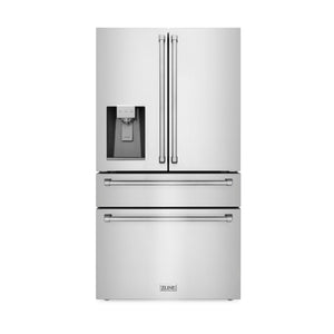 ZLINE 36 in. 21.6 cu. ft Freestanding French Door Fingerprint Resistant Refrigerator with External Water and Ice Dispenser in Stainless Steel (RFM-W-36) front.