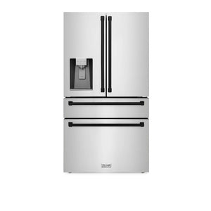 ZLINE Autograph Edition 36 in. 21.6 cu. ft Freestanding French Door Refrigerator with Water Dispenser in Stainless Steel with Matte Black Accents (RFMZ-W-36-MB) front, closed.