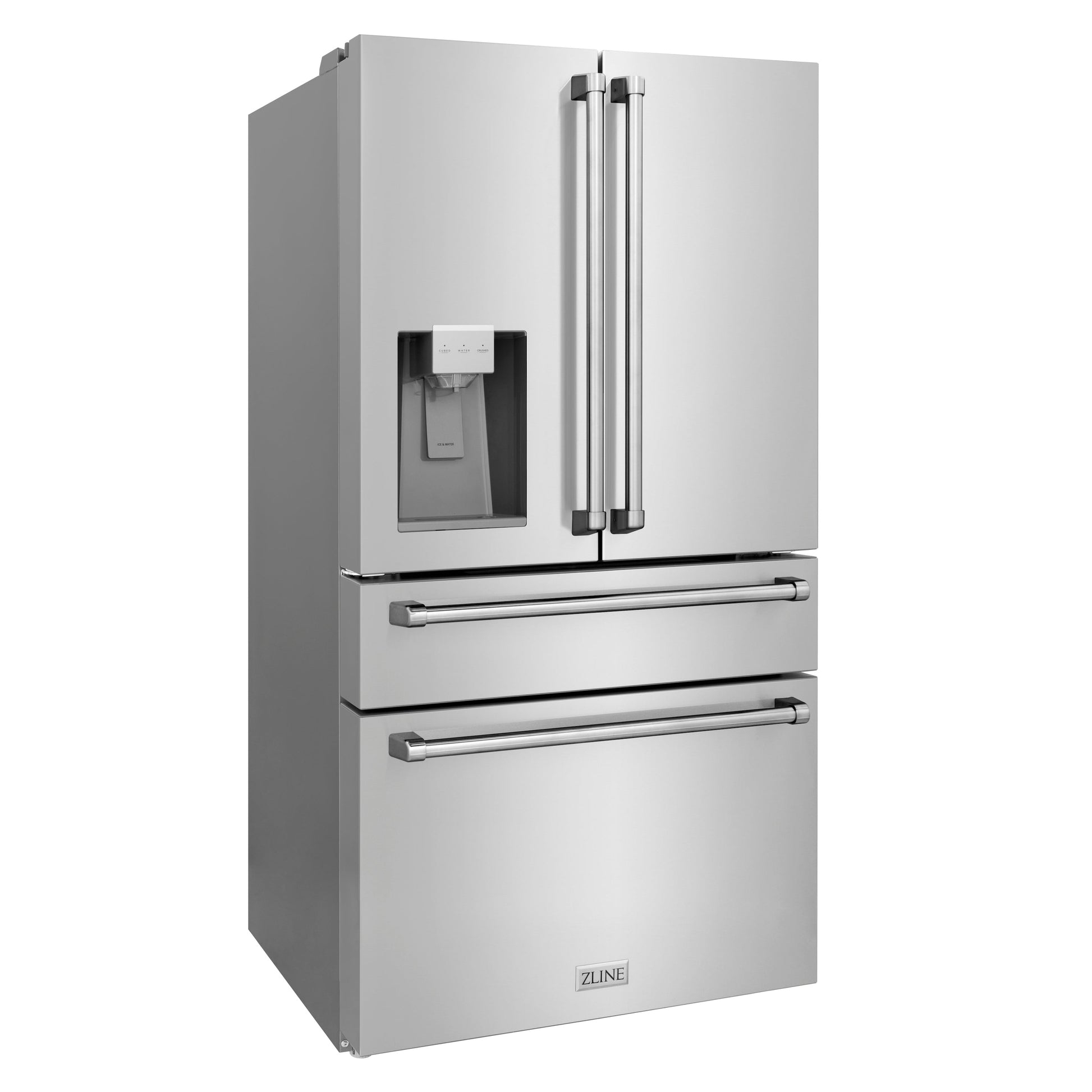 ZLINE 36 in. 21.6 cu. ft Freestanding French Door Fingerprint Resistant Refrigerator with External Water and Ice Dispenser in Stainless Steel (RFM-W-36) side, closed.