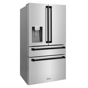 ZLINE Autograph Edition 36 in. 21.6 cu. ft Freestanding French Door Refrigerator with Water Dispenser in Stainless Steel with Matte Black Accents (RFMZ-W-36-MB) side, closed.