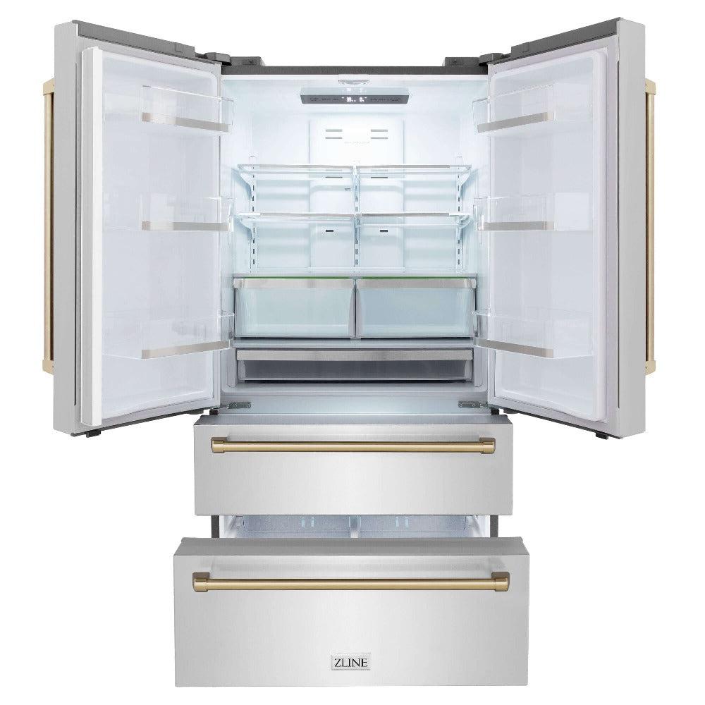 ZLINE Autograph Edition 36 in. 22.5 cu. ft Freestanding French Door Refrigerator with Ice Maker in Fingerprint Resistant Stainless Steel with Champagne Bronze Accents (RFMZ-36-CB) front, refrigeration compartment and bottom freezer drawers open.