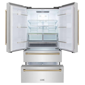 ZLINE Autograph Edition 36 in. 22.5 cu. ft Freestanding French Door Refrigerator with Ice Maker in Fingerprint Resistant Stainless Steel with Champagne Bronze Accents (RFMZ-36-CB) front, refrigeration compartment and bottom freezer drawers open.