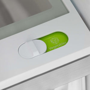 ZLINE Autograph Edition 36 in. 21.6 cu. ft Freestanding French Door Refrigerator with Water Dispenser in Stainless Steel with Matte Black Accents (RFMZ-W-36-MB) close-up, stay fresh vegetable drawer.