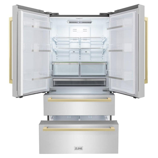 ZLINE Autograph Edition 36 in. 22.5 cu. ft. Counter-Depth French Door Refrigerator with Ice Maker in Fingerprint-Resistant Stainless Steel with Champagne Bronze Modern Handles (RFMZ-36-FCB) front, refrigeration compartment and bottom freezer drawers open.