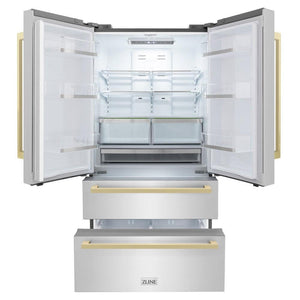 ZLINE Autograph Edition 36 in. 22.5 cu. ft 4-Door French Door Refrigerator with Ice Maker in Stainless Steel with Champagne Bronze Square Handles (RFMZ-36-FCB) front, doors and bottom freezer drawers open.