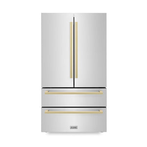 ZLINE Autograph Edition 36 in. 22.5 cu. ft. Counter-Depth French Door Refrigerator with Ice Maker in Fingerprint-Resistant Stainless Steel with Champagne Bronze Modern Handles (RFMZ-36-FCB) front, closed.