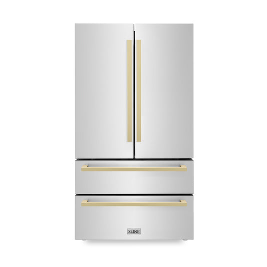 ZLINE Autograph Edition 36 in. 22.5 cu. ft 4-Door French Door Refrigerator with Ice Maker in Stainless Steel with Champagne Bronze Square Handles (RFMZ-36-FCB) front.