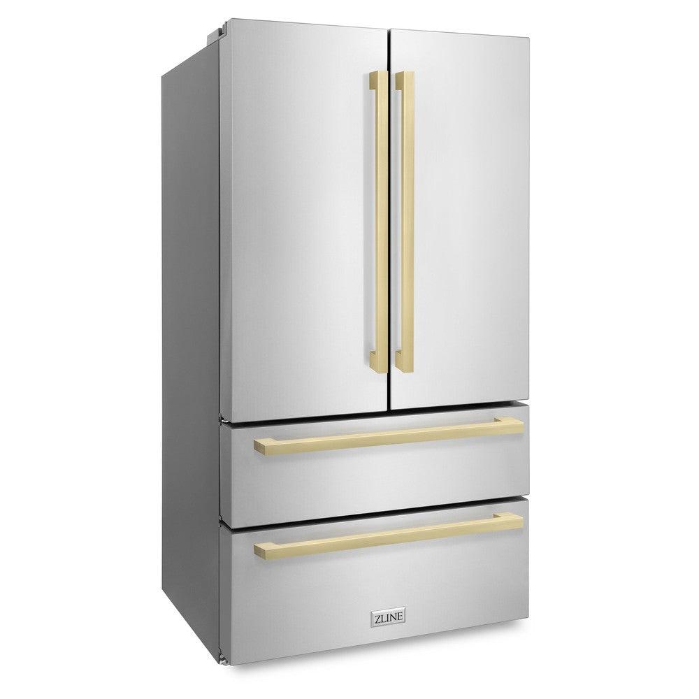 ZLINE Autograph Edition 36 in. 22.5 cu. ft 4-Door French Door Refrigerator with Ice Maker in Stainless Steel with Champagne Bronze Square Handles (RFMZ-36-FCB) side, closed.