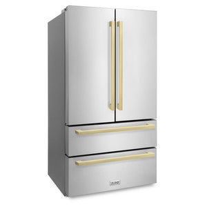 ZLINE Autograph Edition 36 in. 22.5 cu. ft. Counter-Depth French Door Refrigerator with Ice Maker in Fingerprint-Resistant Stainless Steel with Champagne Bronze Modern Handles (RFMZ-36-FCB) side, closed.