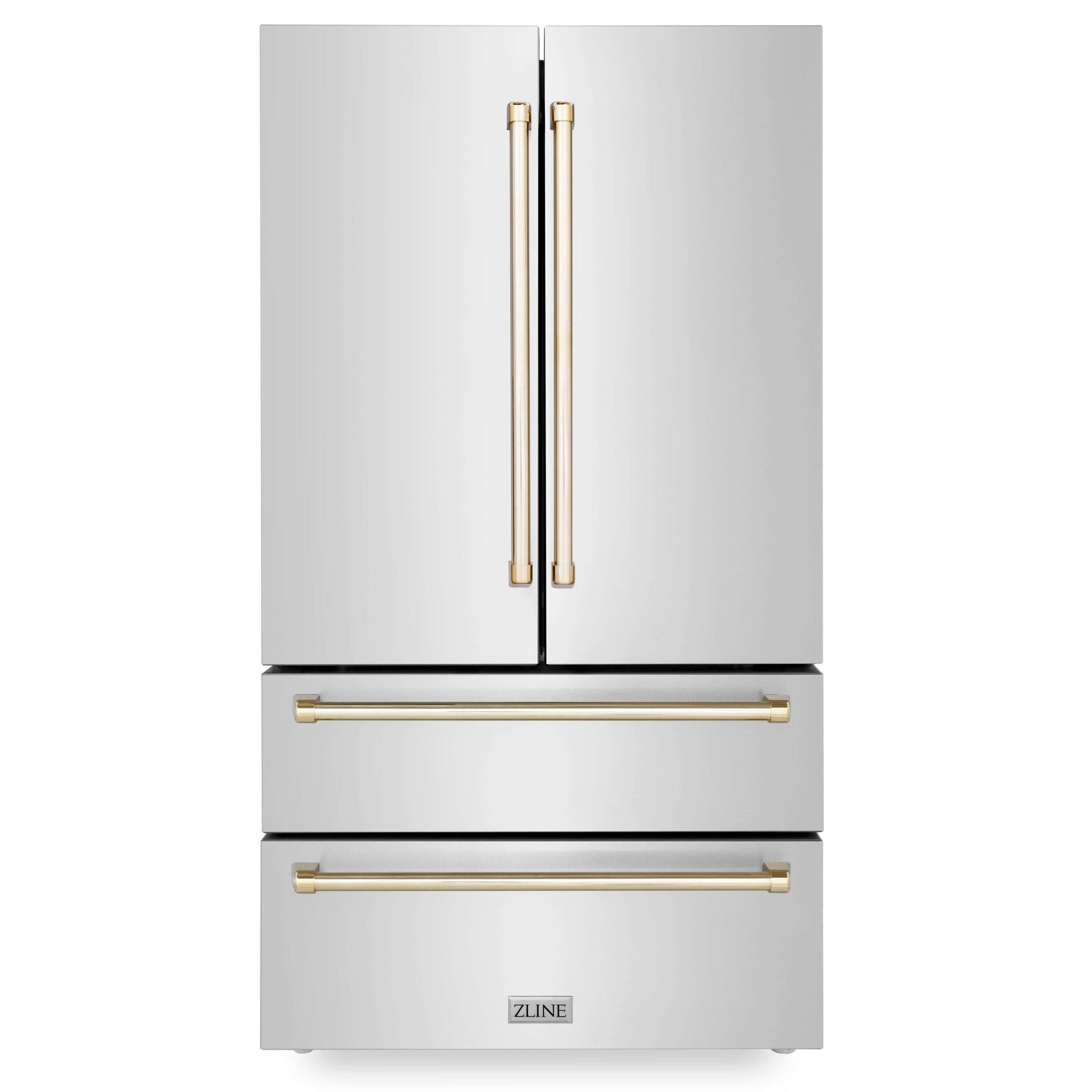 ZLINE Autograph Edition 36 in. 22.5 cu. ft Freestanding French Door Refrigerator with Ice Maker in Fingerprint Resistant Stainless Steel with Polished Gold Accents (RFMZ-36-G) front.