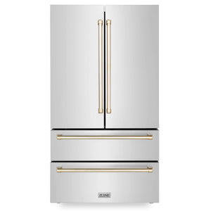 ZLINE Autograph Edition 36 in. 22.5 cu. ft Freestanding French Door Refrigerator with Ice Maker in Fingerprint Resistant Stainless Steel with Polished Gold Accents (RFMZ-36-G) front.