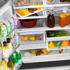 ZLINE Autograph Edition 36 in. 22.5 cu. ft Freestanding French Door Refrigerator with Ice Maker in Fingerprint Resistant Stainless Steel with Polished Gold Accents (RFMZ-36-G) food and beverages inside on adjustable shelving from above.