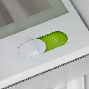 ZLINE Autograph Edition 36 in. 22.5 cu. ft. Counter-Depth French Door Refrigerator with Ice Maker in Fingerprint-Resistant Stainless Steel with Champagne Bronze Modern Handles (RFMZ-36-FCB) close-up detail, StayFresh vegetable drawer.