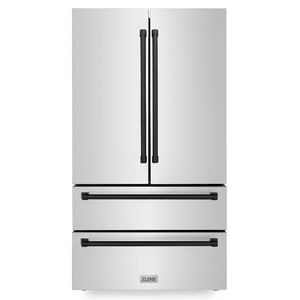 ZLINE Autograph Edition 36 in. 22.5 cu. ft Freestanding French Door Refrigerator with Ice Maker in Fingerprint Resistant Stainless Steel with Matte Black Accents (RFMZ-36-MB) front, closed.