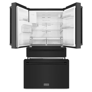 ZLINE 36 in. 21.6 cu. ft. Counter-Depth French Door Refrigerator with Water and Ice Dispenser in Fingerprint-Resistant Black Stainless Steel (RFM-W-36-BS) front, refrigeration compartment and bottom freezer drawers open.