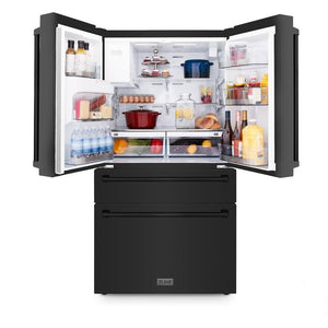 ZLINE 36 in. 21.6 cu. ft. Counter-Depth French Door Refrigerator with Water and Ice Dispenser in Fingerprint-Resistant Black Stainless Steel (RFM-W-36-BS) front, open.