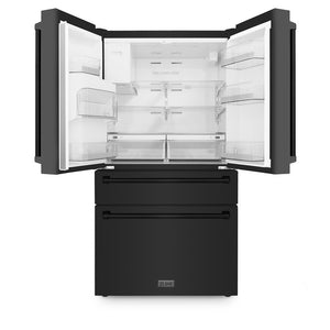 ZLINE 36 in. 21.6 cu. ft. Counter-Depth French Door Refrigerator with Water and Ice Dispenser in Fingerprint-Resistant Black Stainless Steel (RFM-W-36-BS) front, open.