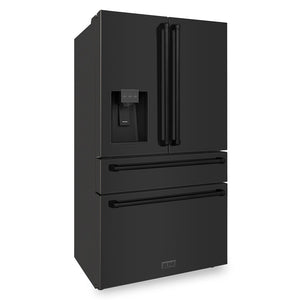 ZLINE 36 in. 21.6 cu. ft. Counter-Depth French Door Refrigerator with Water and Ice Dispenser in Fingerprint-Resistant Black Stainless Steel (RFM-W-36-BS) side, closed.
