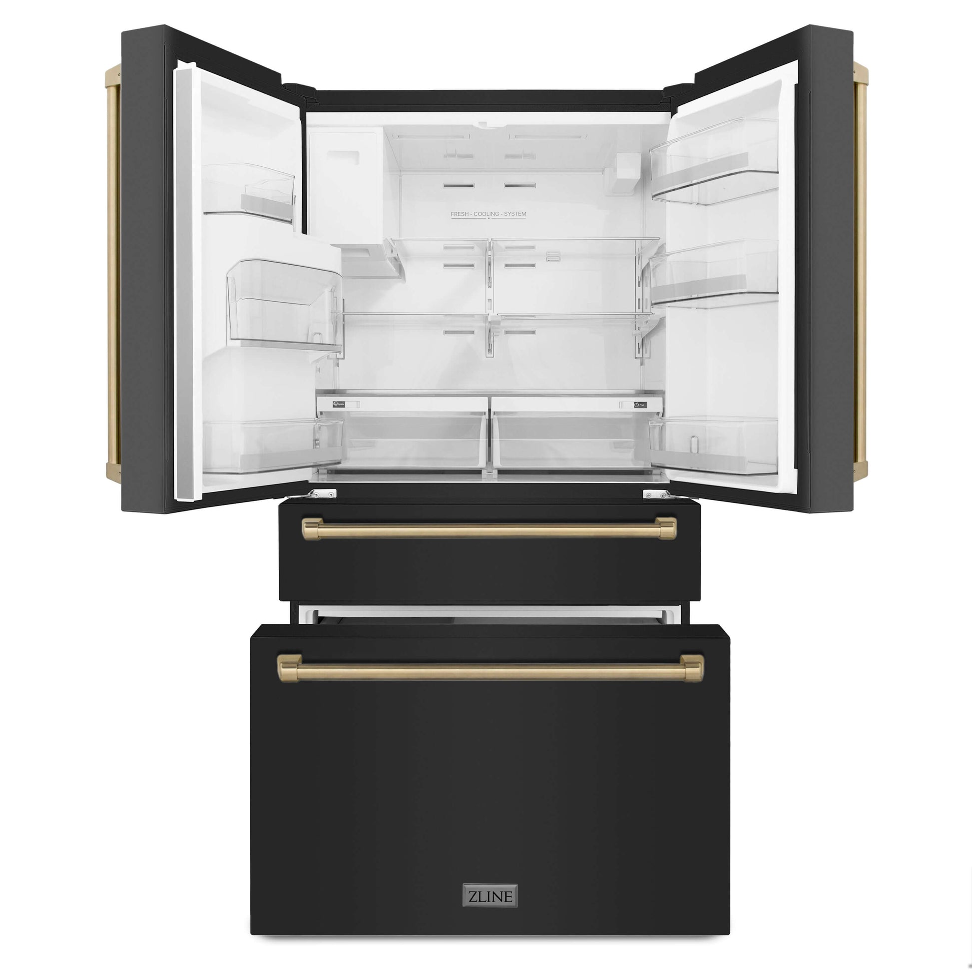 ZLINE Autograph Edition 36 in. 21.6 cu. ft Freestanding French Door Refrigerator with Water and Ice Dispenser in Fingerprint Resistant Black Stainless Steel with Champagne Bronze Accents (RFMZ-W-36-BS-CB) front, doors and bottom freezer drawers open.