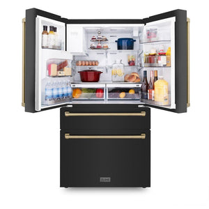 ZLINE Autograph Edition 36 in. 21.6 cu. ft Freestanding French Door Refrigerator with Water and Ice Dispenser in Fingerprint Resistant Black Stainless Steel with Champagne Bronze Accents (RFMZ-W-36-BS-CB) front, open with food on adjustable shelving.