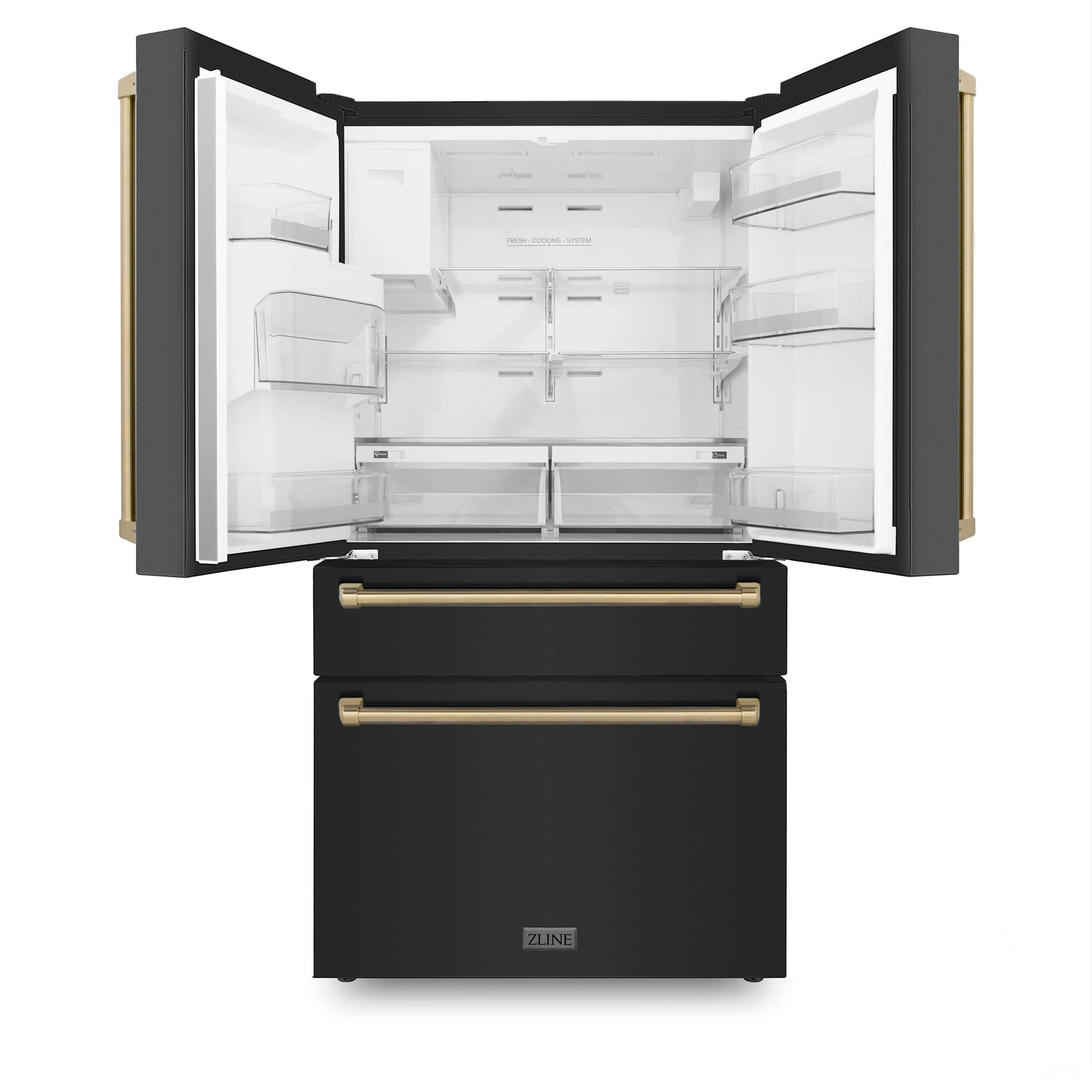 ZLINE Autograph Edition 36 in. 21.6 cu. ft Freestanding French Door Refrigerator with Water and Ice Dispenser in Fingerprint Resistant Black Stainless Steel with Champagne Bronze Accents (RFMZ-W-36-BS-CB) front, doors open.
