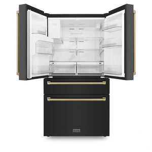 ZLINE Autograph Edition 36 in. 21.6 cu. ft Freestanding French Door Refrigerator with Water and Ice Dispenser in Fingerprint Resistant Black Stainless Steel with Champagne Bronze Accents (RFMZ-W-36-BS-CB) front, open.