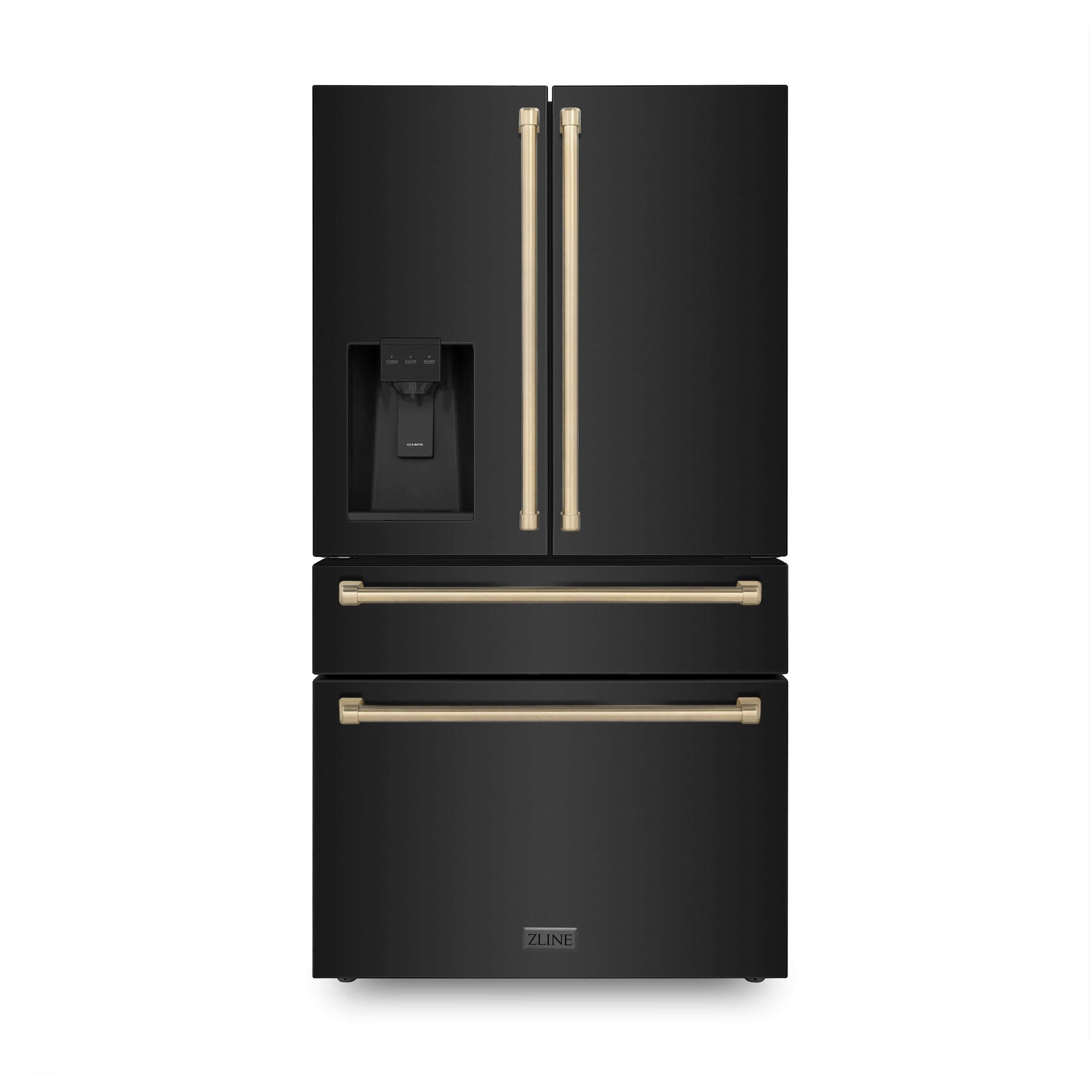 ZLINE Autograph Edition 36 in. 21.6 cu. ft Freestanding French Door Refrigerator with Water and Ice Dispenser in Fingerprint Resistant Black Stainless Steel with Champagne Bronze Accents (RFMZ-W-36-BS-CB) front.