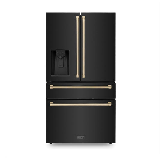 ZLINE Autograph Edition 36 in. 21.6 cu. ft Counter-Depth French Door Refrigerator with Water and Ice Dispenser in Fingerprint-Resistant Black Stainless Steel with Champagne Bronze Traditional Handles (RFMZ-W-36-BS-CB) front, closed.