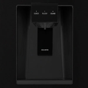 ZLINE Autograph Edition 36 in. 21.6 cu. ft Freestanding French Door Refrigerator with Water and Ice Dispenser in Fingerprint Resistant Black Stainless Steel with Polished Gold Accents (RFMZ-W-36-BS-G) external water and ice dispenser.