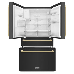 ZLINE Autograph Edition 36 in. 21.6 cu. ft. Counter-Depth French Door Refrigerator with Water and Ice Dispenser in Fingerprint-Resistant Black Stainless Steel with Champagne Bronze Modern Handles (RFMZ-W36-BS-FCB) front, refrigeration compartment and bottom freezer drawers open.