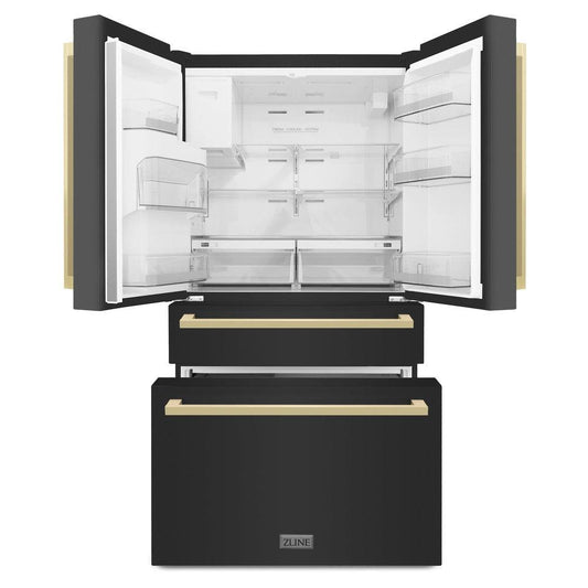 ZLINE Autograph Edition 36 in. 21.6 cu. ft. Counter-Depth French Door Refrigerator with Water and Ice Dispenser in Fingerprint-Resistant Black Stainless Steel with Champagne Bronze Modern Handles (RFMZ-W36-BS-FCB) front, refrigeration compartment and bottom freezer drawers open.