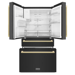 ZLINE Autograph Edition 36 in. 21.6 cu. ft 4-Door French Door Refrigerator with Water and Ice Dispenser in Black Stainless Steel with Champagne Bronze Square Handles (RFMZ-W36-BS-FCB) front, doors and bottom freezer drawers open.