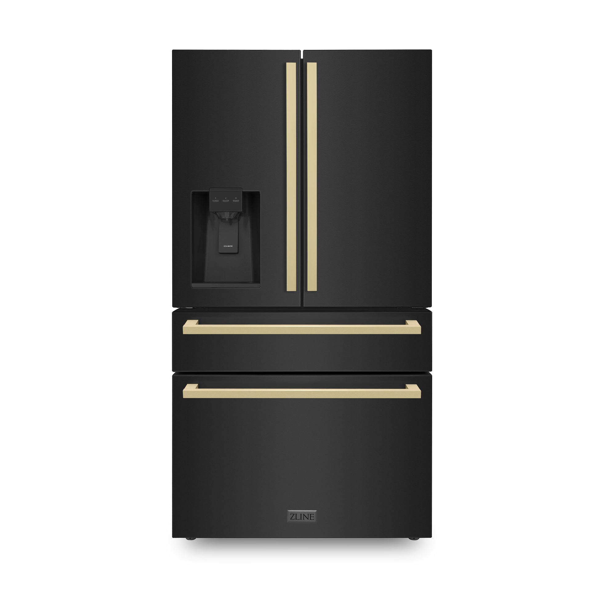 ZLINE Autograph Edition 36 in. 21.6 cu. ft 4-Door French Door Refrigerator with Water and Ice Dispenser in Black Stainless Steel with Champagne Bronze Square Handles (RFMZ-W36-BS-FCB) front.