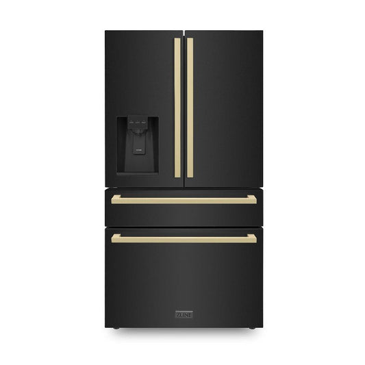ZLINE Autograph Edition 36 in. 21.6 cu. ft. Counter-Depth French Door Refrigerator with Water and Ice Dispenser in Fingerprint-Resistant Black Stainless Steel with Champagne Bronze Modern Handles (RFMZ-W36-BS-FCB) front, closed.