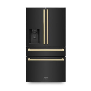 ZLINE Autograph Edition 36 in. 21.6 cu. ft 4-Door French Door Refrigerator with Water and Ice Dispenser in Black Stainless Steel with Champagne Bronze Square Handles (RFMZ-W36-BS-FCB) front, closed.