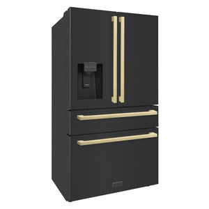 ZLINE Autograph Edition 36 in. 21.6 cu. ft. Counter-Depth French Door Refrigerator with Water and Ice Dispenser in Fingerprint-Resistant Black Stainless Steel with Champagne Bronze Modern Handles (RFMZ-W36-BS-FCB) side, closed.
