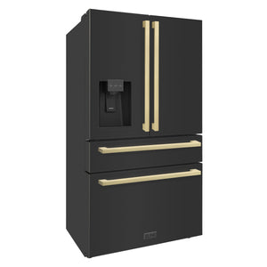 ZLINE Autograph Edition 36 in. 21.6 cu. ft 4-Door French Door Refrigerator with Water and Ice Dispenser in Black Stainless Steel with Champagne Bronze Square Handles (RFMZ-W36-BS-FCB) side, closed.