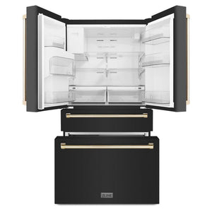 ZLINE Autograph Edition 36 in. 21.6 cu. ft. Counter-Depth French Door Refrigerator with Water and Ice Dispenser in Fingerprint-Resistant Black Stainless Steel with Polished Gold Traditional Handles (RFMZ-W-36-BS-G) front, refrigeration compartment and bottom freezer drawers open.