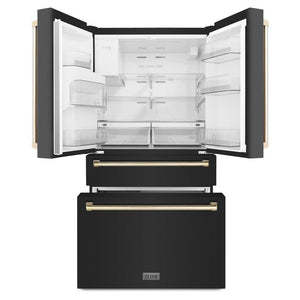 ZLINE Autograph Edition 36 in. 21.6 cu. ft Freestanding French Door Refrigerator with Water and Ice Dispenser in Fingerprint Resistant Black Stainless Steel with Polished Gold Accents (RFMZ-W-36-BS-G) front, doors and bottom freezer drawers open.