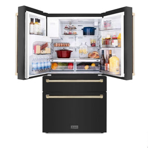 ZLINE Autograph Edition 30 in. Kitchen Package with Black Stainless Steel Dual Fuel Range, Range Hood, Dishwasher, and Refrigerator with External Water Dispenser with Polished Gold Accents (4AKPR-RABRHDWV30-G) front, open.