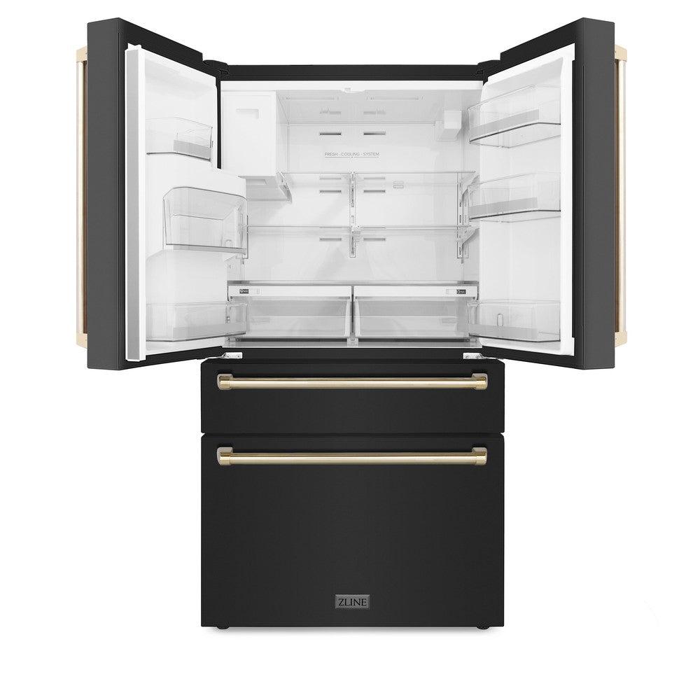 ZLINE Autograph Edition 36 in. 21.6 cu. ft Freestanding French Door Refrigerator with Water and Ice Dispenser in Fingerprint Resistant Black Stainless Steel with Polished Gold Accents (RFMZ-W-36-BS-G) front, doors open.