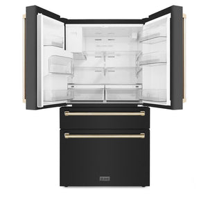 ZLINE Autograph Edition 36 in. 21.6 cu. ft. Counter-Depth French Door Refrigerator with Water and Ice Dispenser in Fingerprint-Resistant Black Stainless Steel with Polished Gold Traditional Handles (RFMZ-W-36-BS-G) front, open.