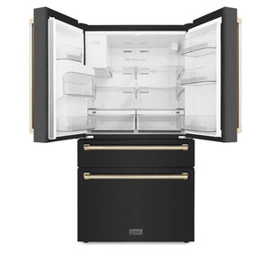 ZLINE Autograph Edition 30 in. Kitchen Package with Black Stainless Steel Dual Fuel Range, Range Hood, Dishwasher, and Refrigerator with External Water Dispenser with Polished Gold Accents (4AKPR-RABRHDWV30-G) front, open.