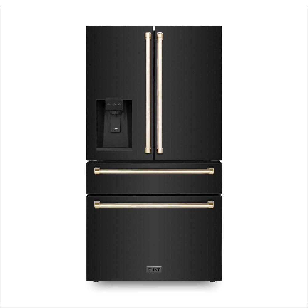 ZLINE Autograph Edition 36 in. 21.6 cu. ft Freestanding French Door Refrigerator with Water and Ice Dispenser in Fingerprint Resistant Black Stainless Steel with Polished Gold Accents (RFMZ-W-36-BS-G) front, closed.