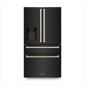 ZLINE Autograph Edition 36 in. 21.6 cu. ft Freestanding French Door Refrigerator with Water and Ice Dispenser in Fingerprint Resistant Black Stainless Steel with Polished Gold Accents (RFMZ-W-36-BS-G) front, closed.